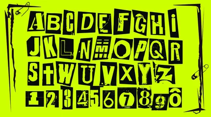 Punk-Typografie-Vektoralphabet und -zahlen. Typmustersatz für Flyer und Poster mit Grunge-Schrift oder Designs im Stil von Lösegeldforderungen. © Rrose Selavy