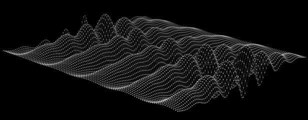 3D rendering illustration of wavy wireframe surface with lines and dots of a mesh terrain in monochrome rendering wallpaper isolated on background.