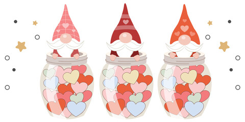The collection of cute gnomes in the 
transparent jar and heart in flat vector style. Graphic resource about love and valentine's day content , banner, sticker label and greeting card.