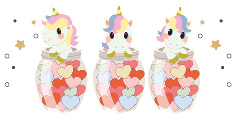 The character of cute unicorn with heart of jar in flat vector style. illustation about valentine's day and holiday