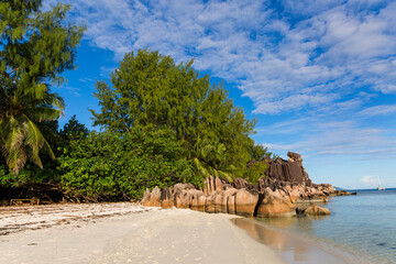 Tropical beach at Seychelles and giant granit rocks