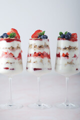 Strawberry milk yogurt desert in glasses	