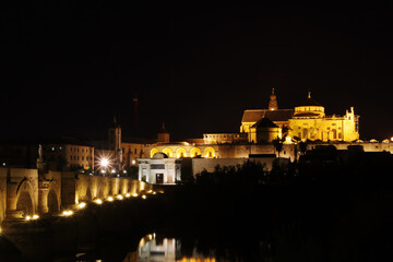 Fototapeta na wymiar The night view of the Roman bridge and Mezquita cathedral in Cordoba