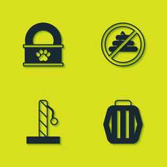 Set Canned food, Pet carry case, Cat scratching post and No shit icon. Vector