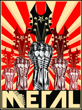 METAL. Poster vector illustration of metal armored raised fist and guitar silhouettes in a ray red background in the style of soviet propaganda posters. 