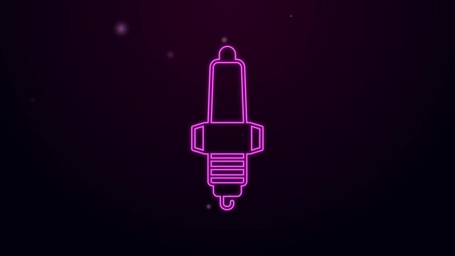 Glowing neon line Car spark plug icon isolated on black background. Car electric candle. 4K Video motion graphic animation