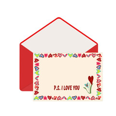Letter in open red envelope on Valentine's Day. Postcard with frame of hearts on yellow background with text P.S. I love you .