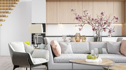 Modern bright Scandinavian-style living room interior. 3D rendering