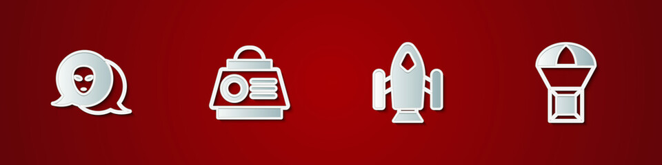 Set Alien, Space capsule, Rocket ship and Box flying on parachute icon. Vector