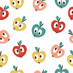 Seamless pattern of colorful funny cute apples with face. Vector illustration. 