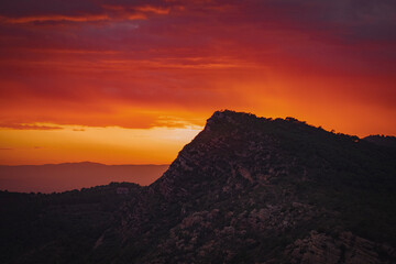 Red sunset over the mountains of Valencia, Spain