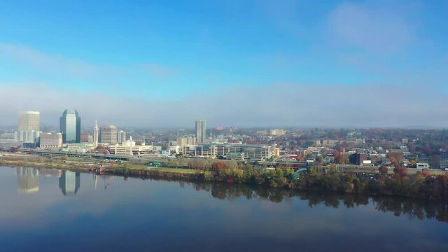 Aerial of Springfield, Massachusetts, United States on beautiful morning 4K