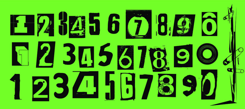 Punk typography vector numbers design collection. Dirty textured type specimen set of numeric characters from 1 to 0 for grunge font flyers and posters design or ransom note designs.