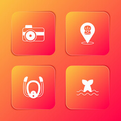 Set Photo camera for diver, Scallop sea shell, Diving mask with snorkel and Whale tail icon. Vector