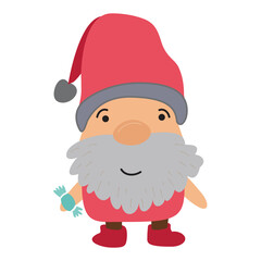 Little garden gnome holds a candy, isolated cartoon style illustration