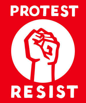 Protest - Resist. Red raised fist vector illustration in the style of may '68 protest posters style.