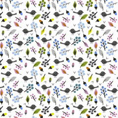 Seamless pattern with birds, leaves, branches, acorns.