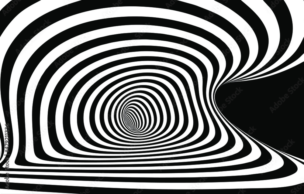 Poster vector optical art illusion of striped geometric black and white abstract surface flowing like a hyp