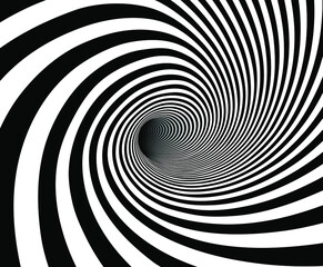 Vector shaded 3D illustration of tunnel vortex view with geometrical hypnotic black and white flowing inside a hole.  - obrazy, fototapety, plakaty