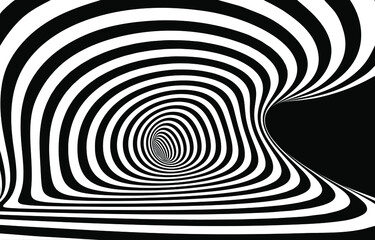 Vector optical art illusion of striped geometric black and white abstract surface flowing like a hypnotic worm-hole tunnel. Optical illusion style design.