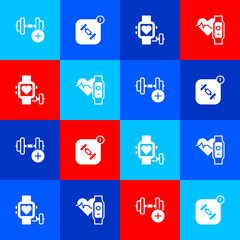 Set Dumbbell, Fitness app, Smart watch with heart and icon. Vector
