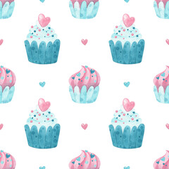 Watercolor seamless pattern with cupcakes. Valentine's Day. Ideal for packaging, textile, desing.