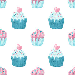 Watercolor seamless pattern with cupcakes. Valentine's Day. Ideal for packaging, textile, desing.