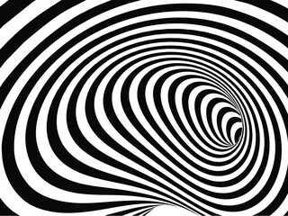 Vector optical art illusion of striped geometric black and white abstract surface flowing like a hypnotic worm-hole tunnel. Optical illusion style design.