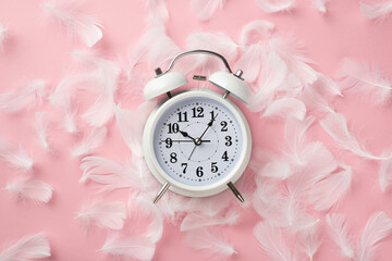Top view photo of white alarm clock and pink feathers on isolated pastel pink background