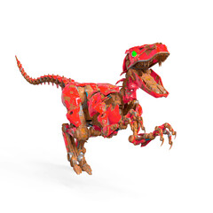 rusty raptor robot is doing a boo pose