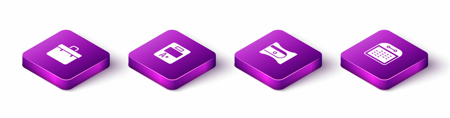 Set Isometric Briefcase, Exam sheet with A plus grade, Pencil sharpener and Calendar icon. Vector
