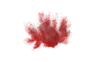 Red powder explosion on white background.