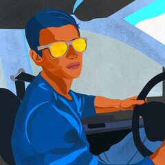 Ilustracja młody mężczyzna w żółtych okularach za kierownicą samochodu - obrazy, fototapety, plakaty