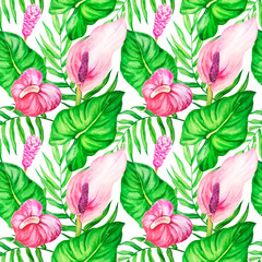 Watercolor seamless background with tropical leaves and anthurium flowers