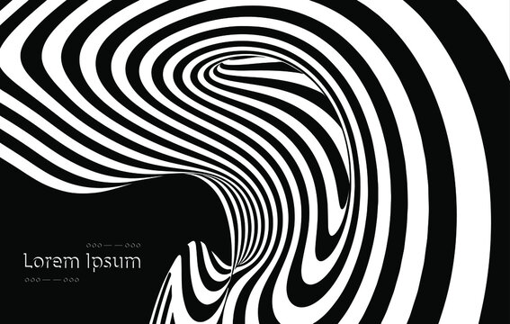 Vector optical art illusion of striped geometric black and white abstract surface flowing like a hypnotic wormhole tunnel. Optical illusion style design. © Rrose Selavy