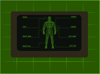 Human body, cyberpunk wireframe view, parts of body, vector illustration, green hud screen, video game design