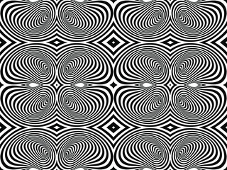 Seamless pattern of vector optical art illusion of striped geometric black and white abstract line surface flowing like a hypnotic worm-hole tunnel. Optical illusion style design.