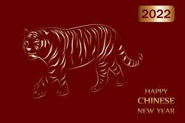 Happy Chinese New Year 2022. Year of the Tiger. Tiger and gold asian elements on red background.Design for Chinese New Year celebration.Lunar New Year.Vector banner.Line art abstract illustration.