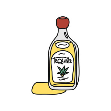 Tequila glass bottle outline icon on white background. Colored cartoon sketch graphic design. Doodle style. Hand drawn image. Party drinks concept. Freehand drawing style