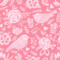 Bird and flowers seamless pattern. Vector illustration.