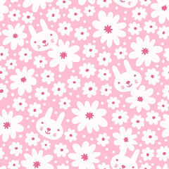 Funny rabbit and flowers seamless background. Vector illustration.