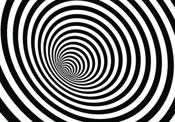 Vector shaded 3D illustration of tunnel vortex view with geometrical hypnotic black and white stripes flowing inside a hole.