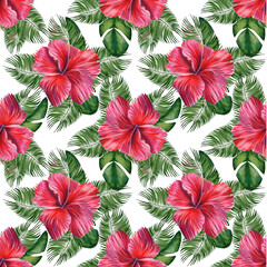 Tropical watercolor seamless pattern. Red hibiscus flowers and green palm leaves. Hand drawn ornament. Hawaiian style. Exotic background.