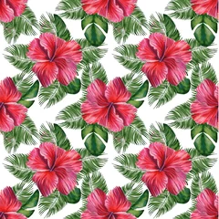 Stof per meter Tropische planten Tropical watercolor seamless pattern. Red hibiscus flowers and green palm leaves. Hand drawn ornament. Hawaiian style. Exotic background.