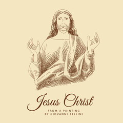 Sketch of Jesus Christ with his hands raised up. Engraving portrait of Christian God. Religious design.  Vintage beige and brown card, hand-drawn, vector. Old design. Line graphics.
