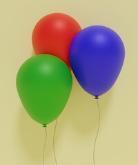 Three Balloons, red, blue, green,  with an off white background, 3d render