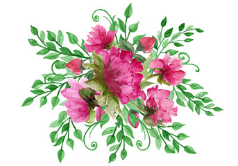 Watercolor bouquets of wild spring flowers from roses and peonies,for greeting cards,for couples in love, for design work,hobbies,needlework,baby shower.