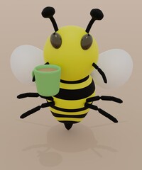 3D render of a busy bee with coffee in a green mug to start the day