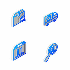 Set Isometric line Delivery truck and stopwatch, Search package, Cardboard box with traffic and icon. Vector