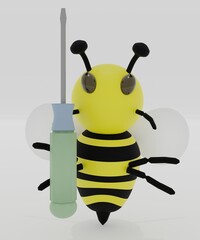 3D render of a Bumble Bee holding a screw driver with a white background